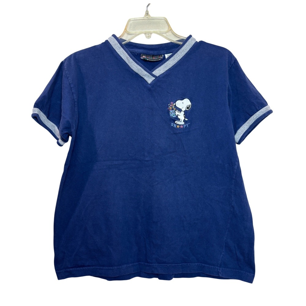 Peanuts Collection Ringer Tee Women Medium Blue Snoopy Embroidered V-Neck Shirt